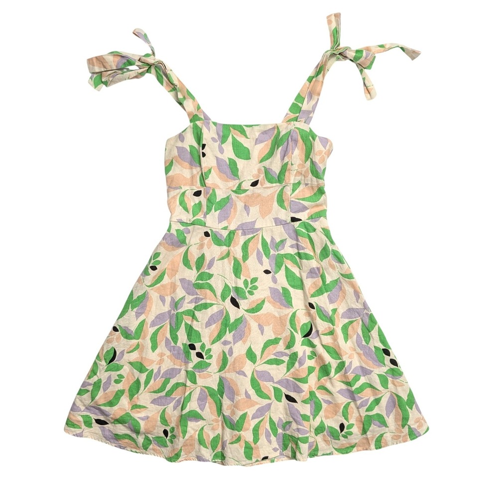 Gianni Bini GB Floral Linen Blend Mini Dress XS Fit & Flare Bow Strap
